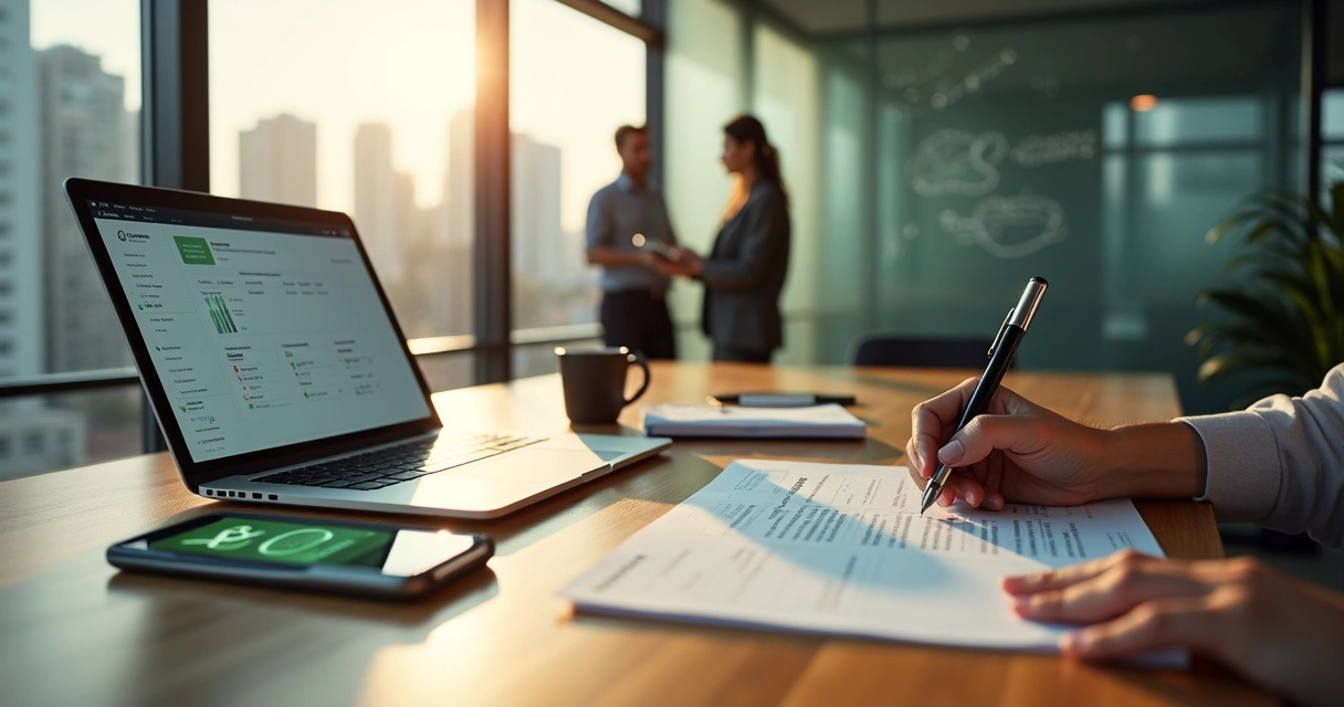 Gestora assinando contrato de licenças Notion com detalhes em moeda brasileira na mesa