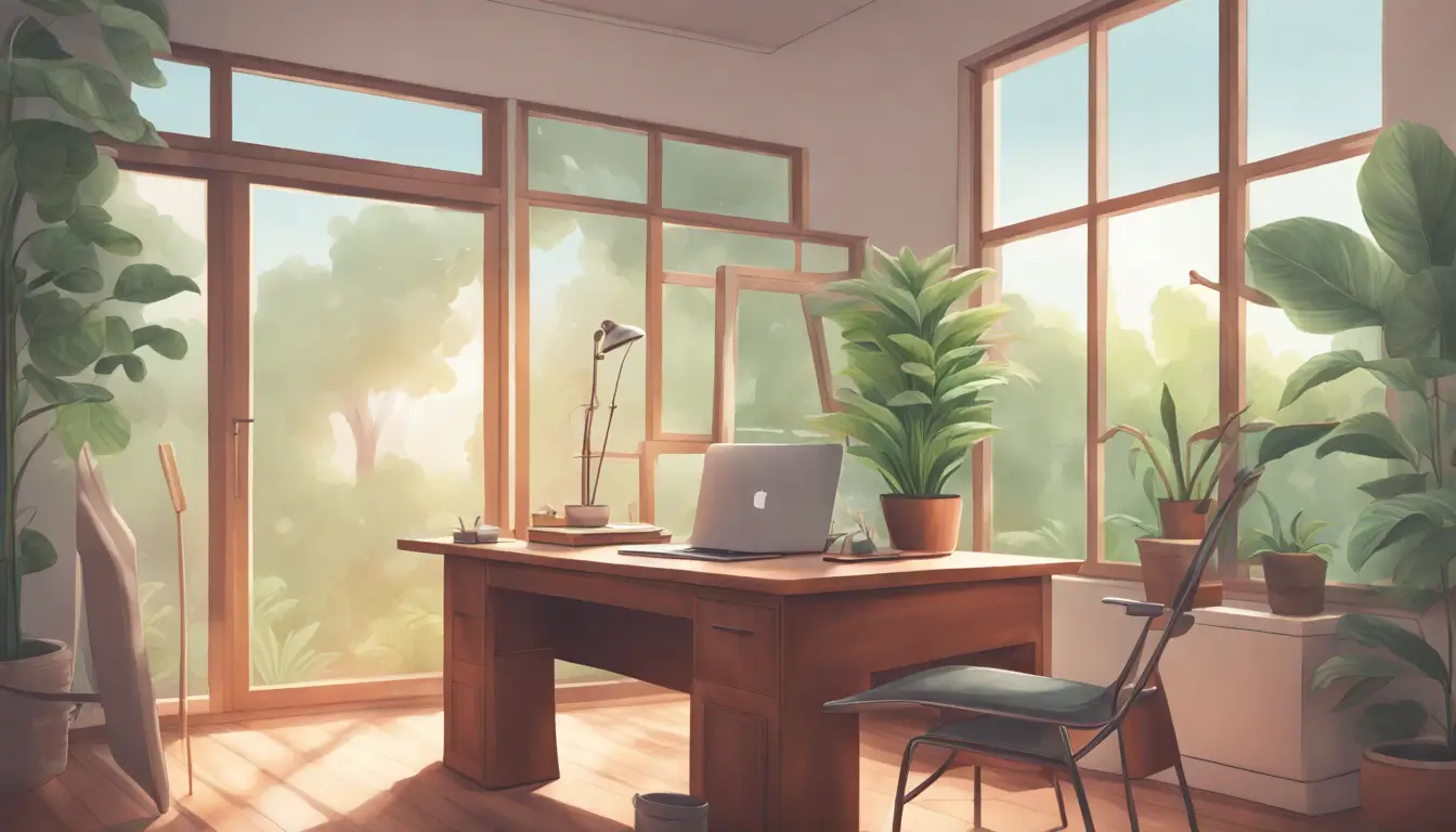 Escritório tranquilo com vista para jardim, mesa de madeira com laptop e planta, iluminado naturalmente, representando produtividade respeitando o ritmo natural.
