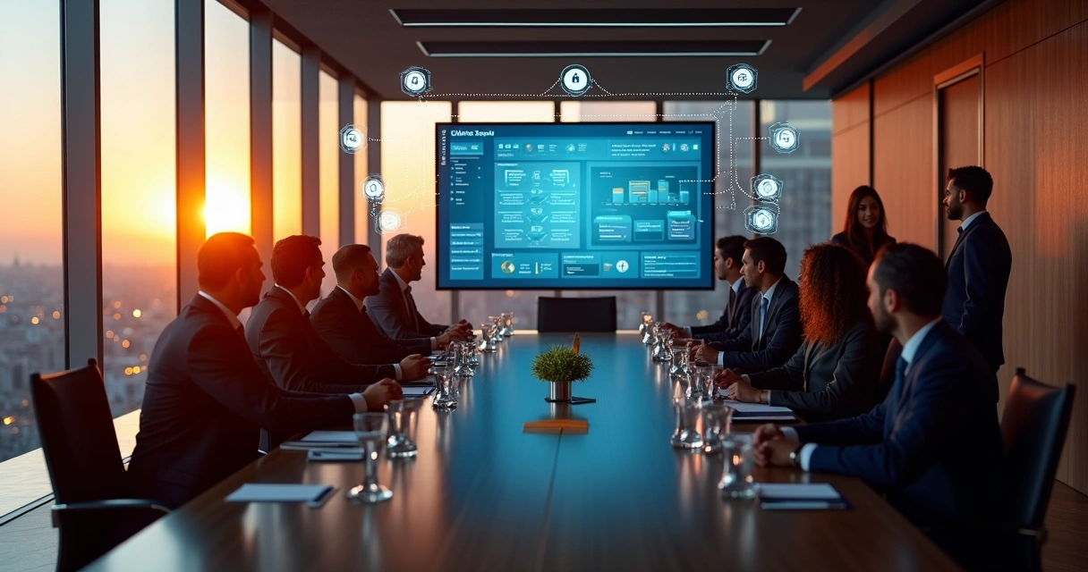Sala de reunião elegante com diretoria analisando governança e segurança no Notion corporativo