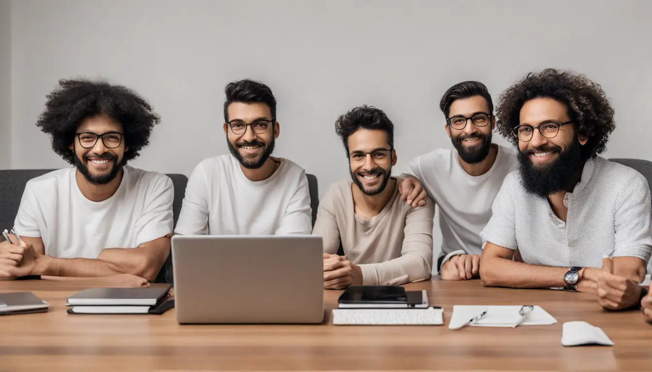 Grupo de cinco pessoas de diferentes idades e etnias em uma mesa de escritório, usando Notion em uma videoconferência com laptops abertos e cadernos.