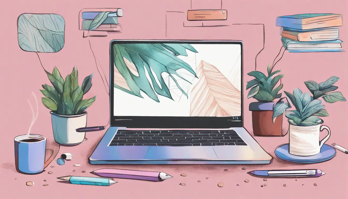 Mesa de escritório com laptop mostrando Notion, ícones de automação, relógio e xícara de café, representando economizar tempo e reduzir erros.