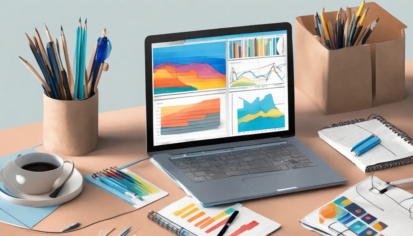 Imagem de uma mesa de trabalho com laptop, gráficos, caderno e ícones de inovação, representando templates Notion para liderança eficiente.