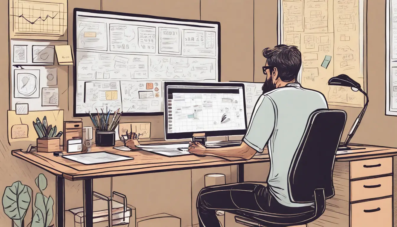Homem em escritório moderno usando laptop em mesa de madeira com organogramas, notas adesivas e interface do aplicativo Notion visível na tela.