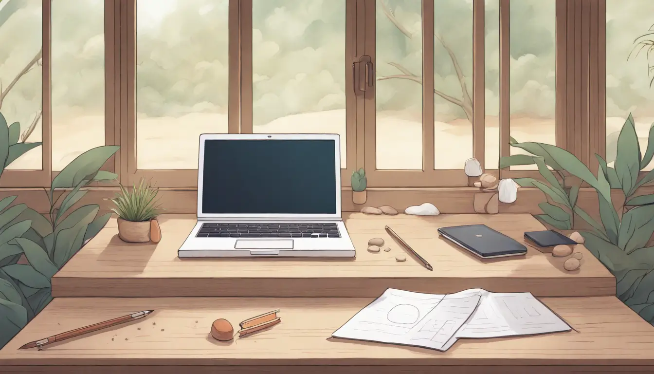 Imagem de um laptop exibindo o método GTD no Notion sobre uma mesa de madeira, em um jardim Zen com areia e pedras, simbolizando produtividade e tranquilidade.