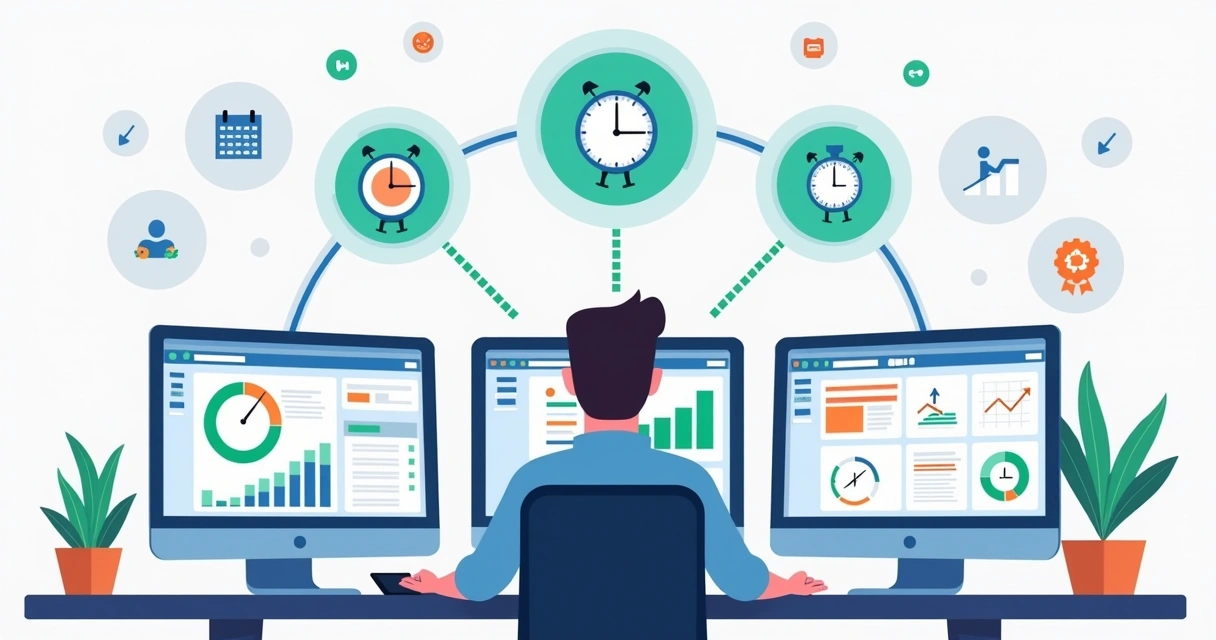 Ilustração plana corporativa de gerente de projetos usando aplicativos de gerenciamento de tempo em múltiplas telas com gráficos e integrações