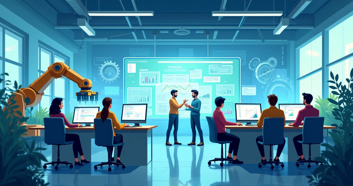 Escritório moderno com funcionários interagindo com tecnologia de automação de processos.