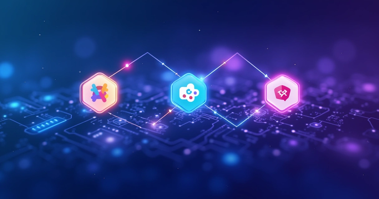 Ilustração de integração digital entre Notion, Slack e Jira com ícones conectados por linhas em fundo tecnológico azul e roxo
