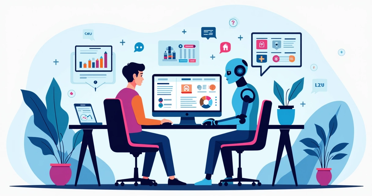 Ilustração flat corporativa mostrando um robô e um humano trabalhando juntos em frente a monitores com gráficos e automações no ambiente de escritório moderno e digital