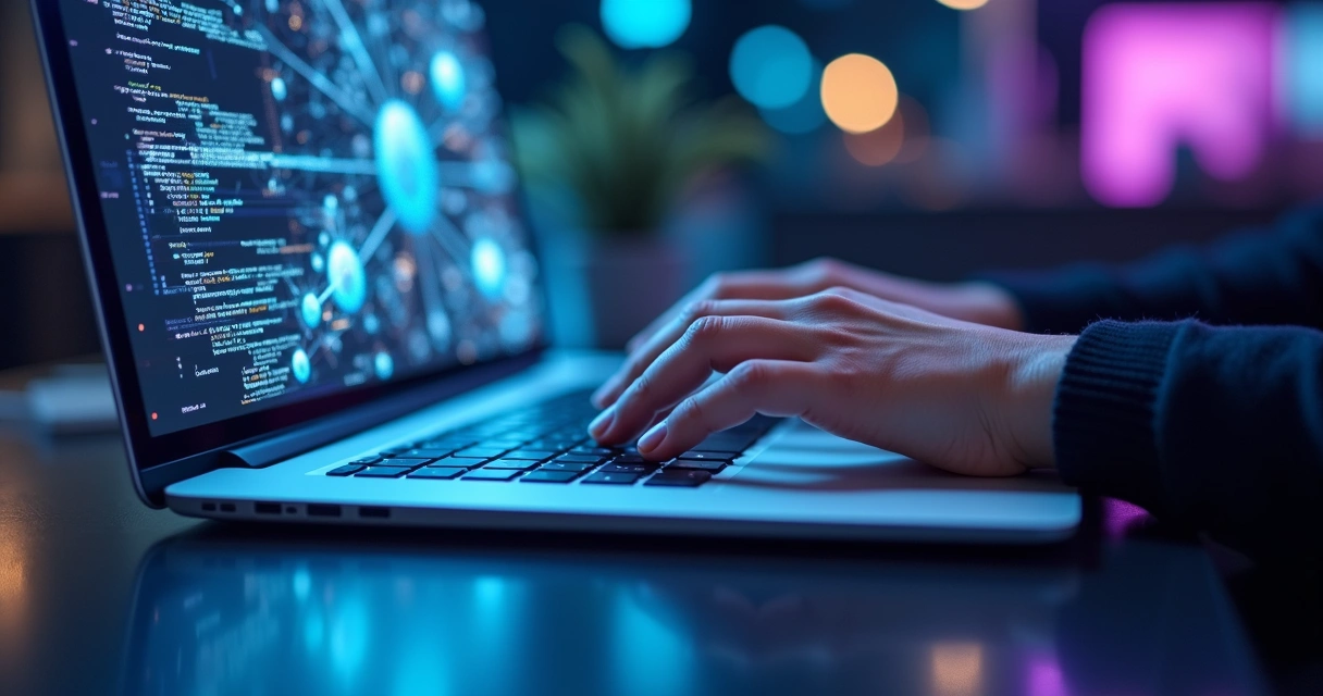 Mão digitando em laptop moderno com hologramas de código e inteligência artificial ao redor, fundo tecnológico azul e roxo
