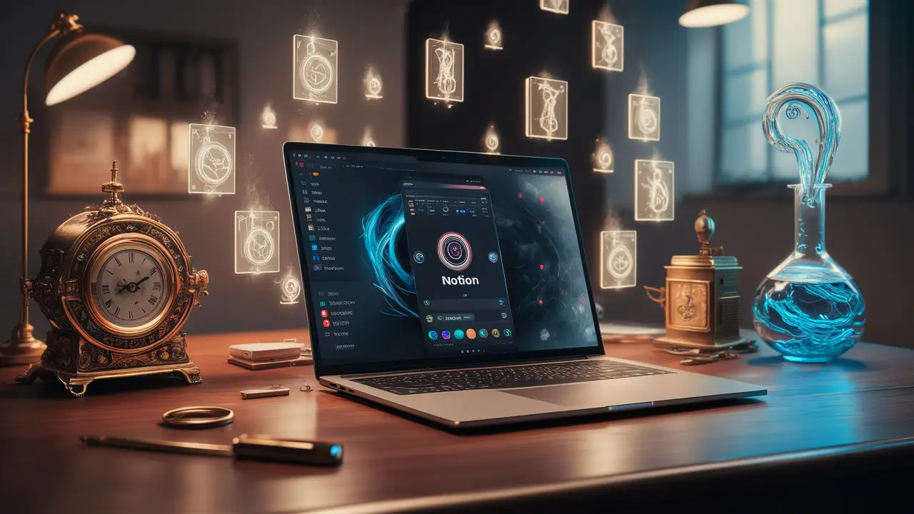 Interface do aplicativo Notion em um laptop em uma mesa de escritório, símbolos digitais flutuantes ao redor.