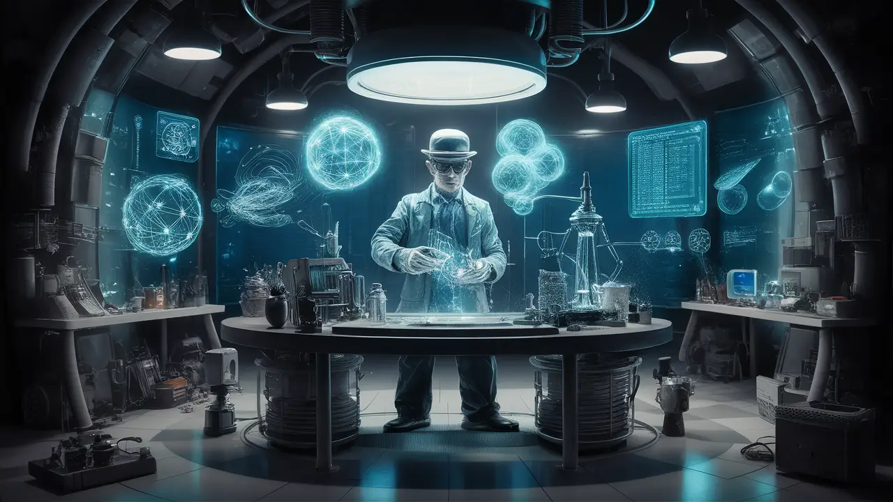 Inventor em laboratório com capacete de realidade virtual e hologramas de fórmulas matemáticas.