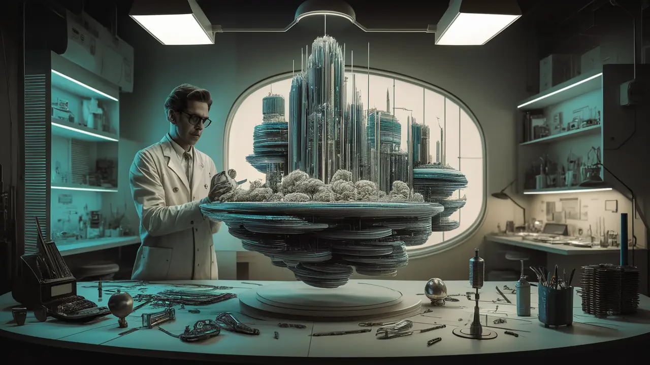 Inventor em laboratório com modelo 3D holográfico de cidade futurista, cercado por ferramentas e peças tecnológicas.