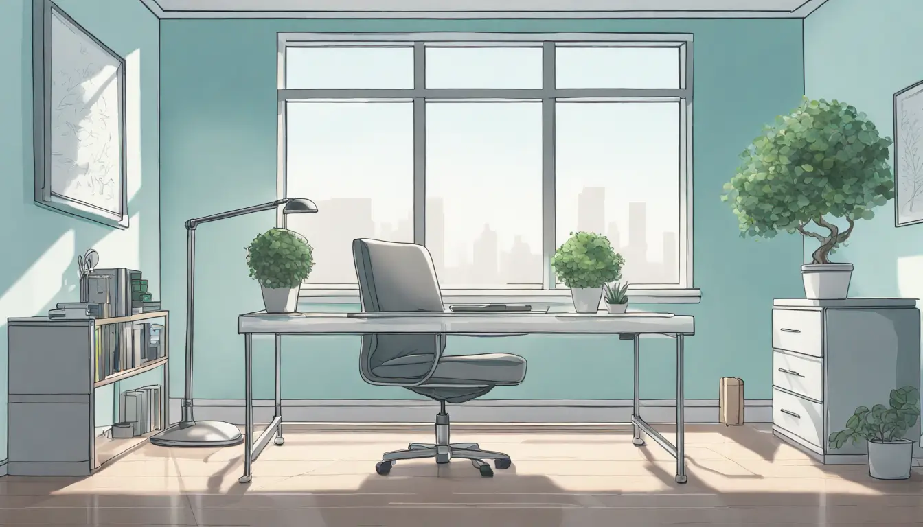 Escritório moderno e minimalista com laptop prateado e bonsai verde, representando processos simplificados para empresas enxutas.