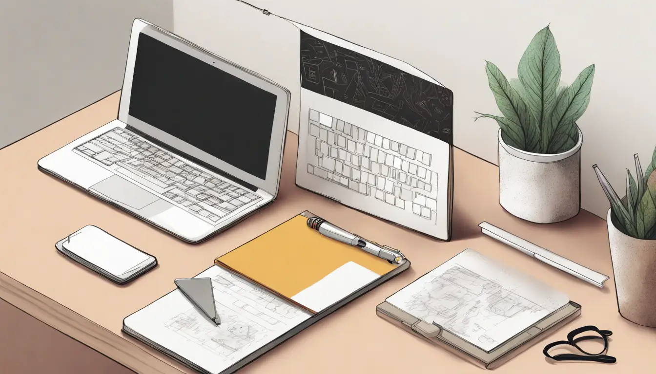 Interface do Notion em um laptop em uma mesa de escritório moderna, cercado por gráficos de crescimento, calendários coloridos e documentos organizados.