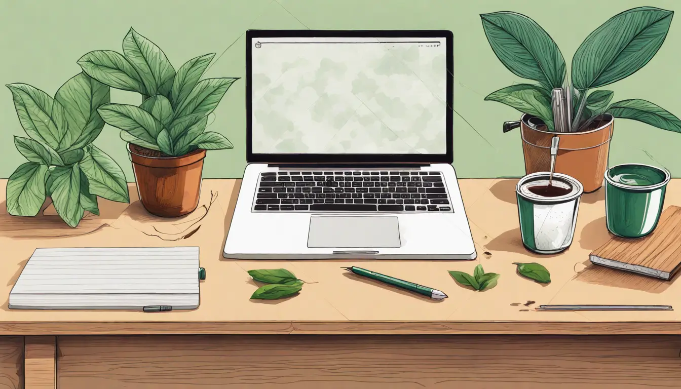 Imagem representando a ferramenta Notion em um ambiente de trabalho com laptop, bloco de notas e um café, ideal para criação de conteúdo de sucesso.