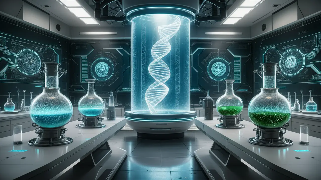 Laboratório futurista com frascos de vidro e líquidos brilhantes em mesas brancas, holograma de hélice de DNA ao centro.