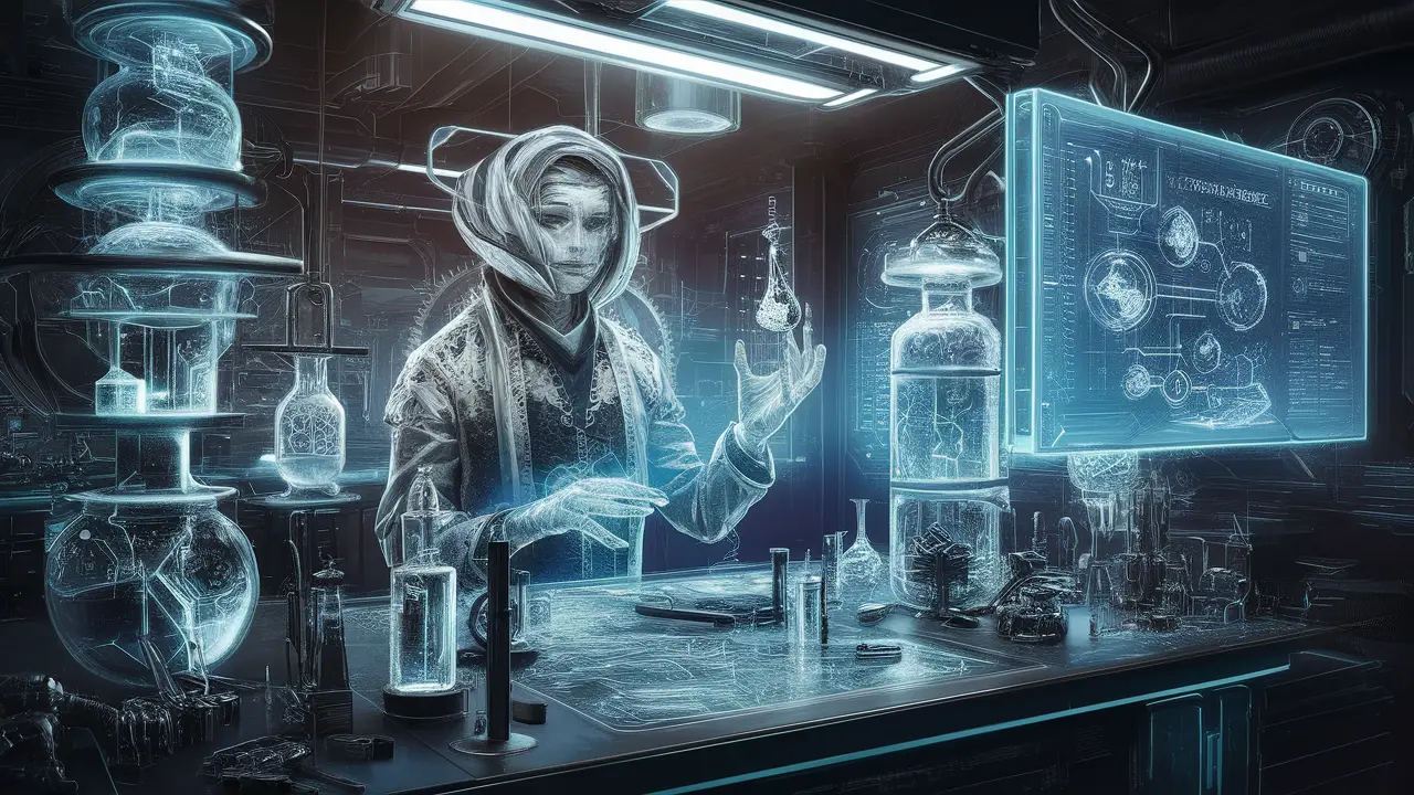 Laboratório futurista de alquimista com interfaces holográficas, frascos de vidro brilhantes e engrenagens mecânicas complexas.