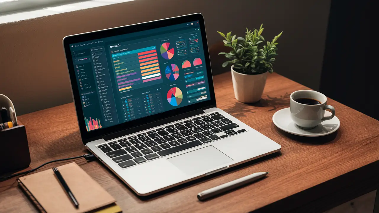 Laptop moderno em mesa de madeira com dashboard do Notion, bancos de dados organizados, planta em vaso e xícara de café.