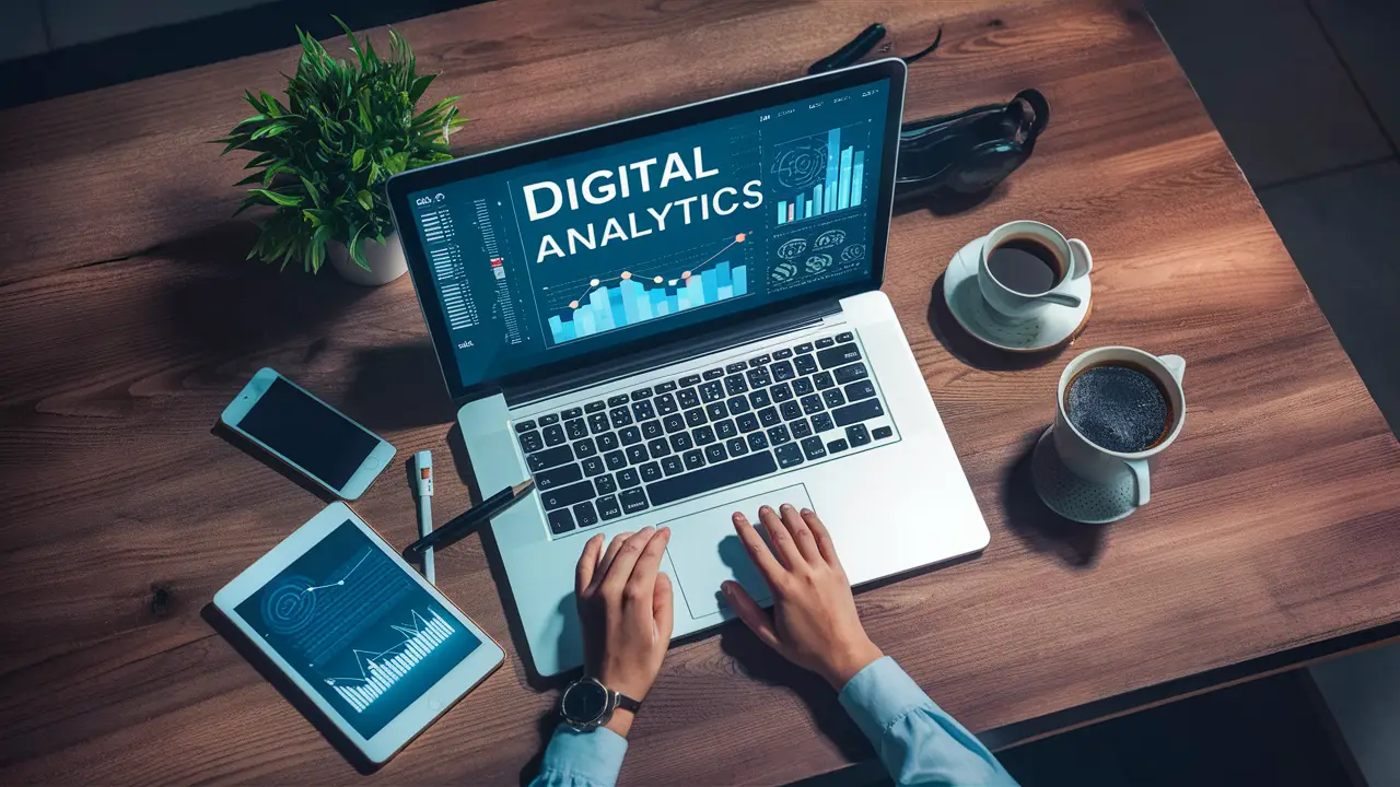 Laptop com gráficos digitais em mesa de madeira, cercado por smartphone, tablet, xícara de café e planta.