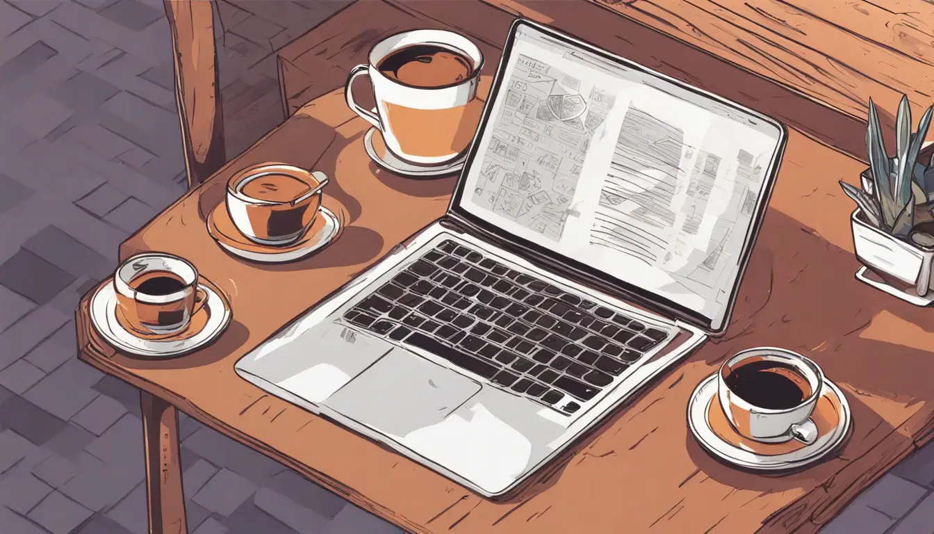 Laptop aberto com tela do Notion exibindo fórmulas e gráficos, cercado por canetas, cadernos e uma xícara de café em uma mesa de madeira.