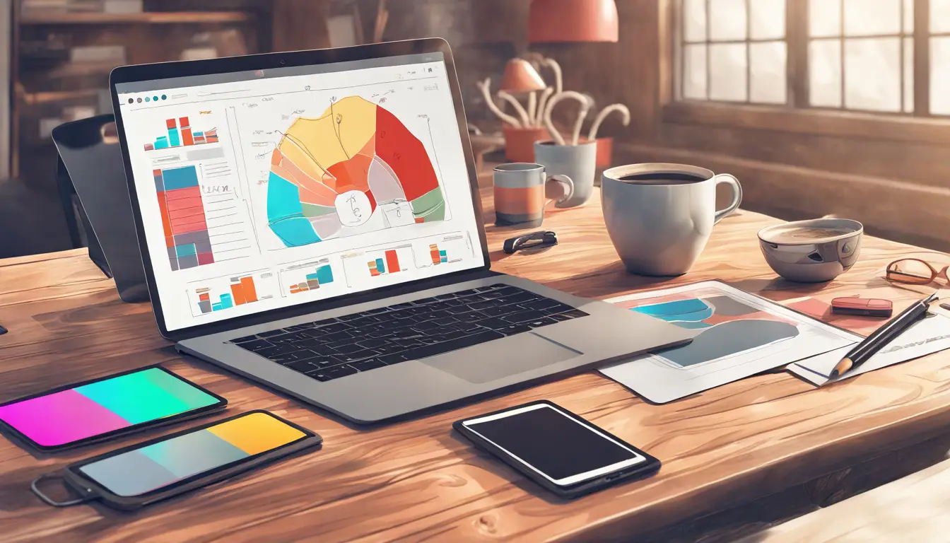 Laptop em uma mesa de madeira exibindo a interface do Notion, rodeado por gráficos de marketing, desenhos de templates coloridos e uma xícara de café.
