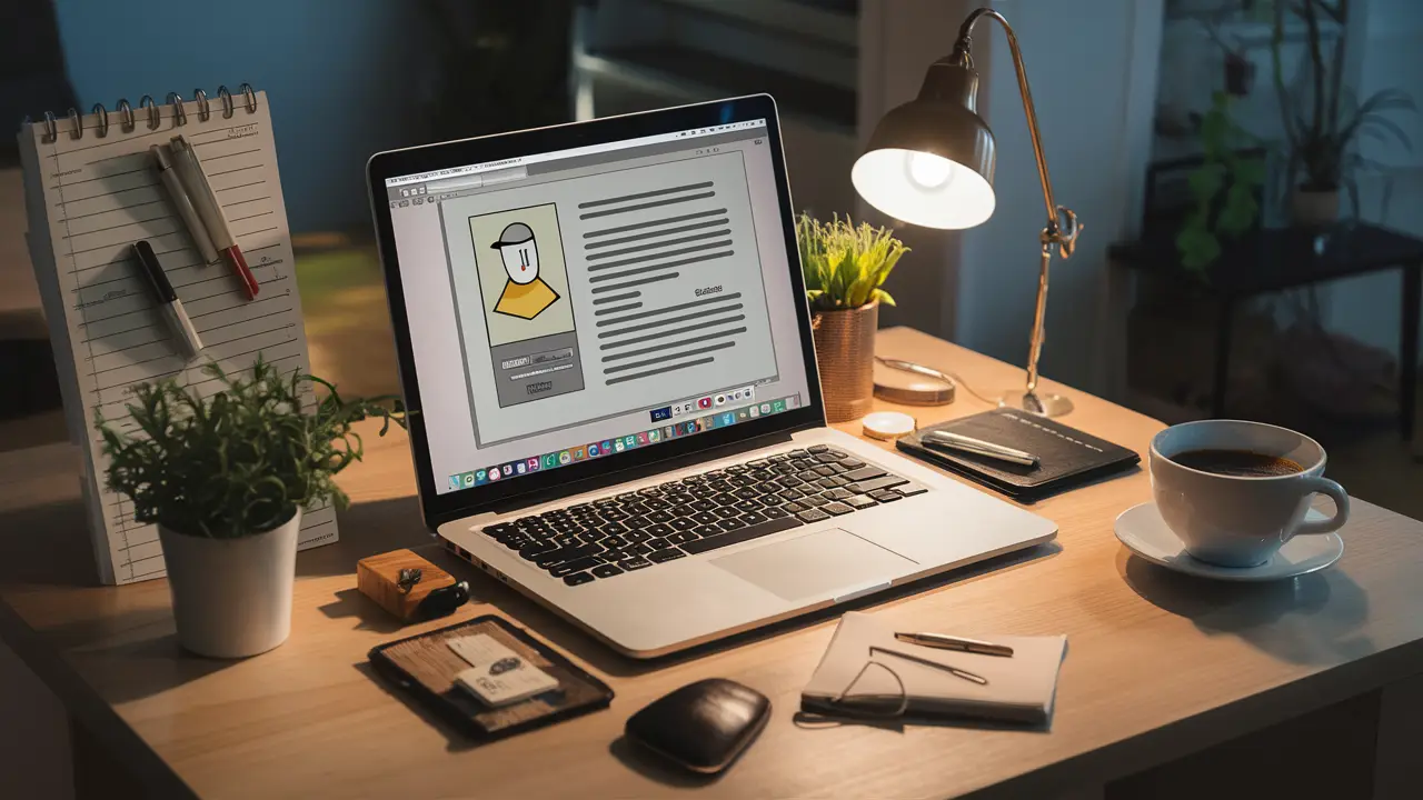 Laptop aberto com página do Notion na tela, bloco de notas, planta em vaso e xícara de café em mesa de madeira.