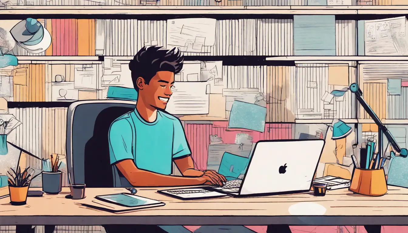 Jovem empreendedor usando Notion para impulsionar o negócio, com gráficos de sucesso ao redor, em um ambiente de escritório moderno para o blog sobre o impacto do Notion na jornada empreendedora.