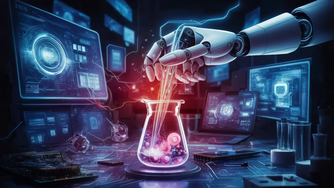 Mão robótica misturando elementos digitais brilhantes em um laboratório futurista com hologramas e telas digitais.
