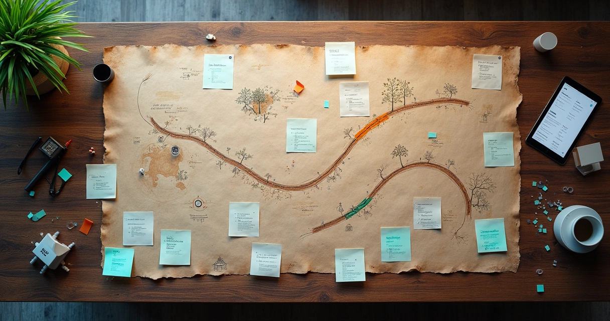 Mapa de rota estratégico com planos e acompanhamento de projetos representados em post-its e cards digitais