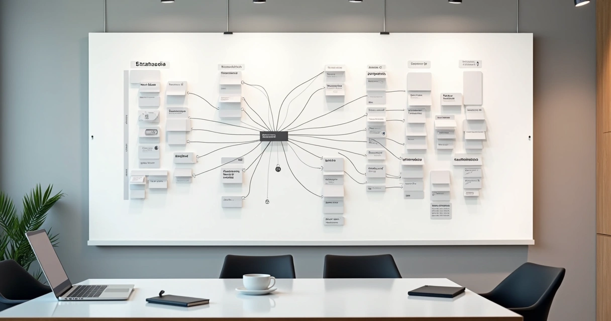 Mapa visual de sistema de gestão empresarial com blocos integrados e organização estratégica