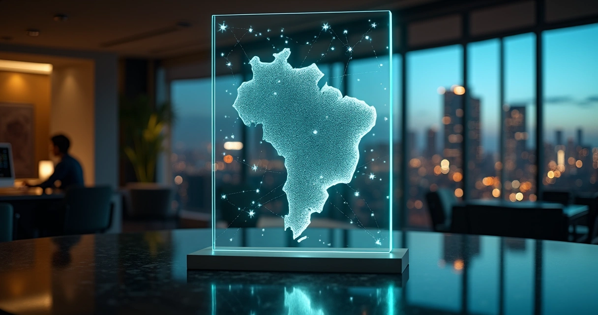 Mapa do Brasil com conexões digitais simbolizando Notion nas empresas brasileiras