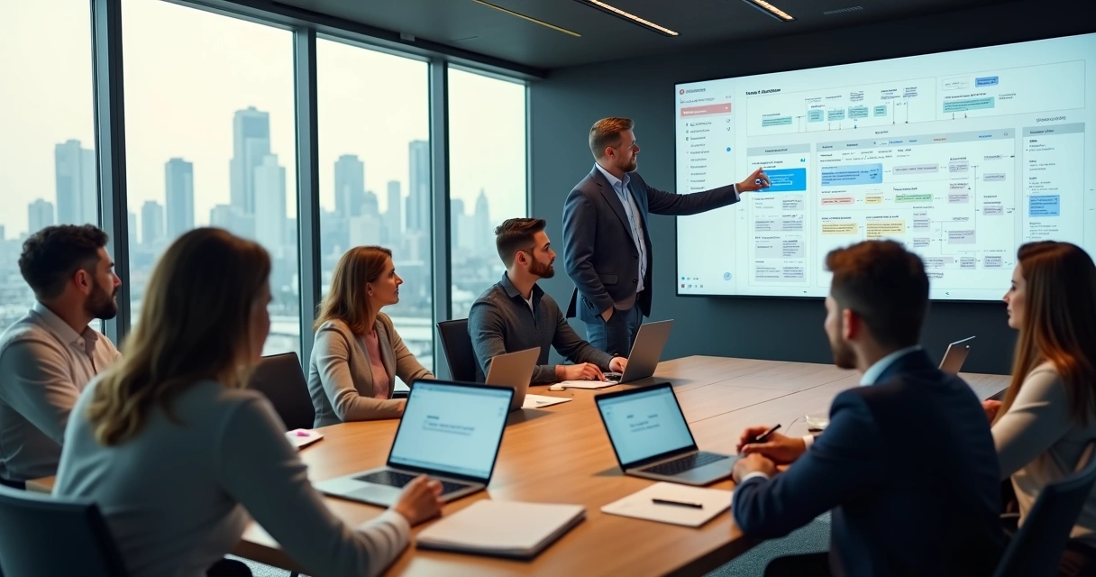 Consultor organizando fluxos de processos críticos em dashboard do Notion em ambiente corporativo moderno