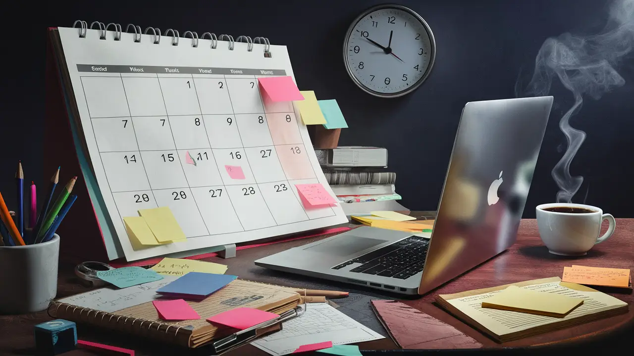 Mesa desordenada com calendário grande, notas adesivas coloridas, laptop prateado, café quente e relógio de parede.