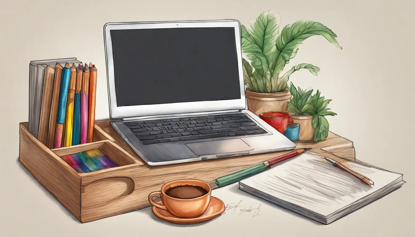 Uma mesa de escritório de madeira clara com um laptop exibindo Notion, cadernos coloridos, uma caneta preta e uma xícara de café.