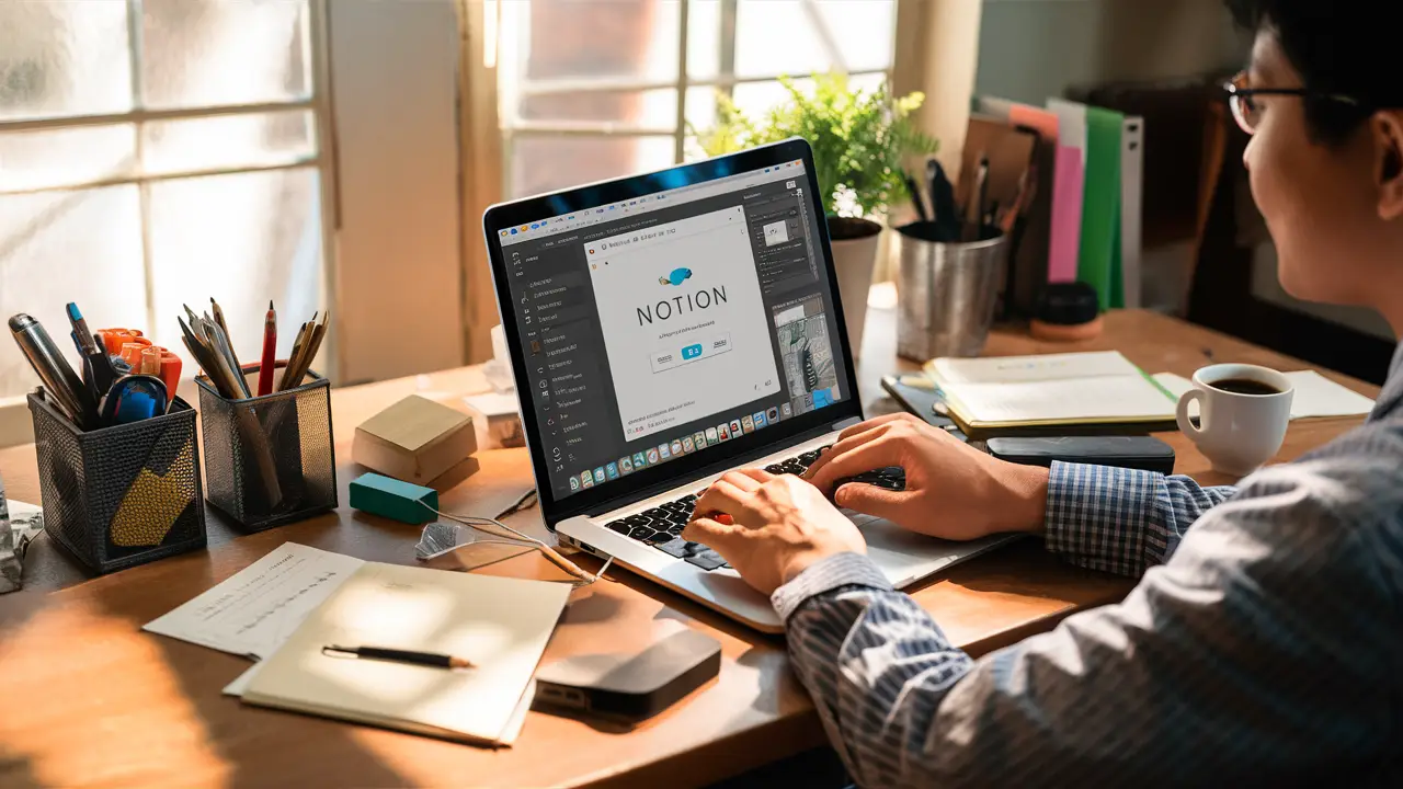 Pessoa em uma mesa de madeira com laptop aberto na interface do Notion, com material de papelaria, café e planta ao redor.