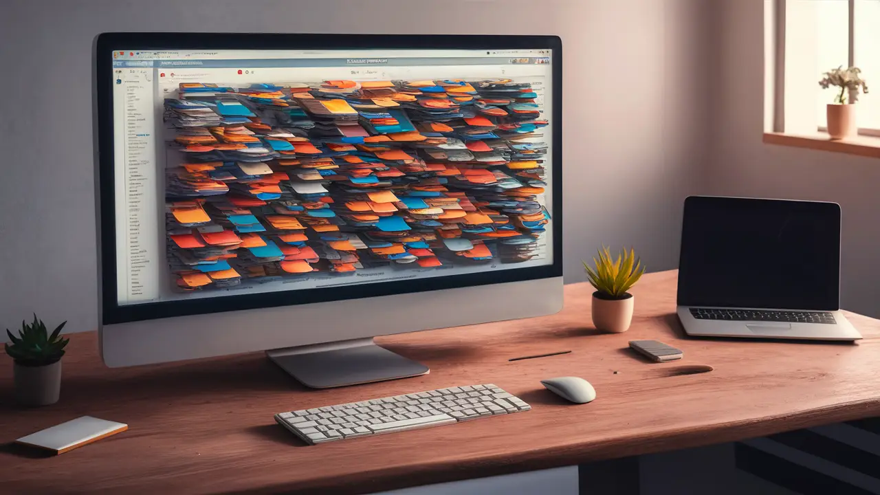 Monitor de computador mostrando um navegador com menu de favoritos organizado, rodeado por uma mesa limpa.