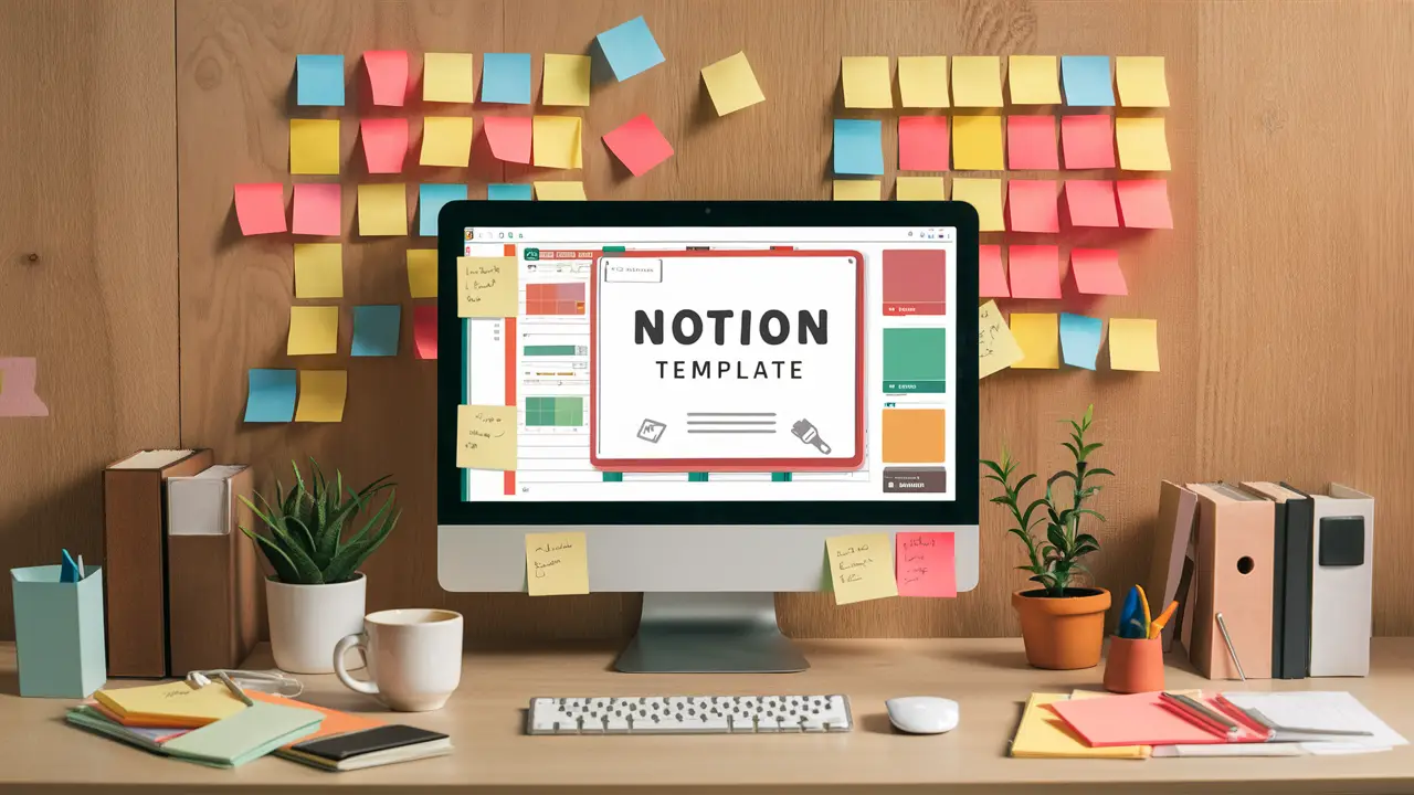 Computador mostrando um template do Notion em uma mesa com notas adesivas coloridas, uma xícara de café e planta pequena.