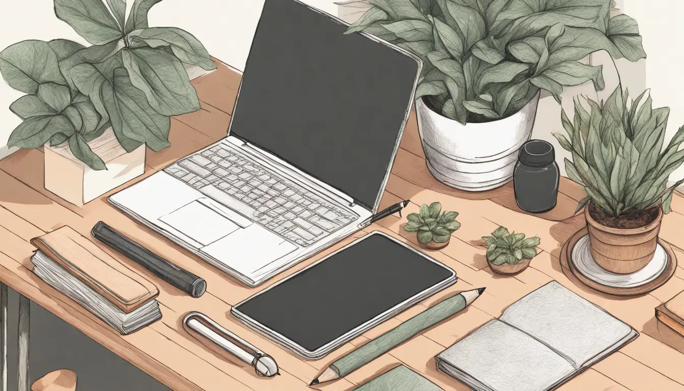 Mesa de madeira com laptop aberto exibindo Notion, caderno com anotações, caneta, smartphone e estante com livros e plantas ao fundo.