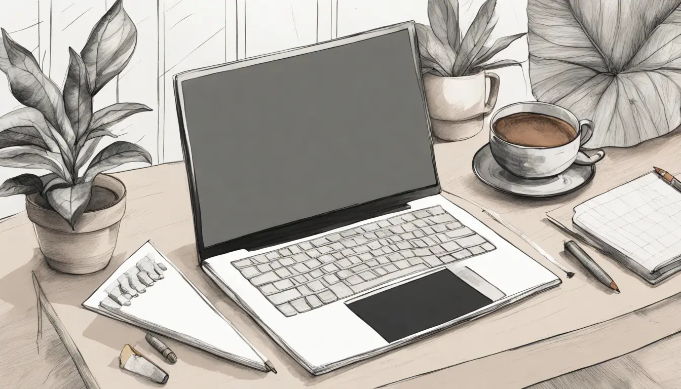 Mesa de escritório com laptop exibindo gráficos, caderno com anotações, xícara de café e planta pequena em vaso de cerâmica.