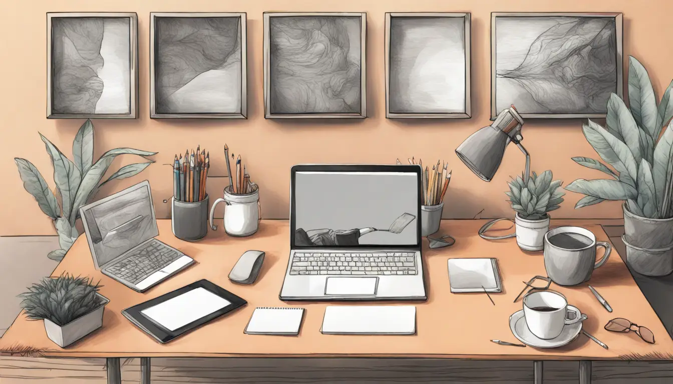 Mesa de escritório com quatro laptops abertos exibindo Notion, cercados por papéis, canetas e xícaras de café, com luz natural entrando pela janela.