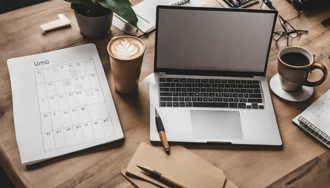 Mesa de escritório com laptop mostrando Notion, papéis organizados, caneca de café, calendário de tarefas e planta pequena em vaso.
