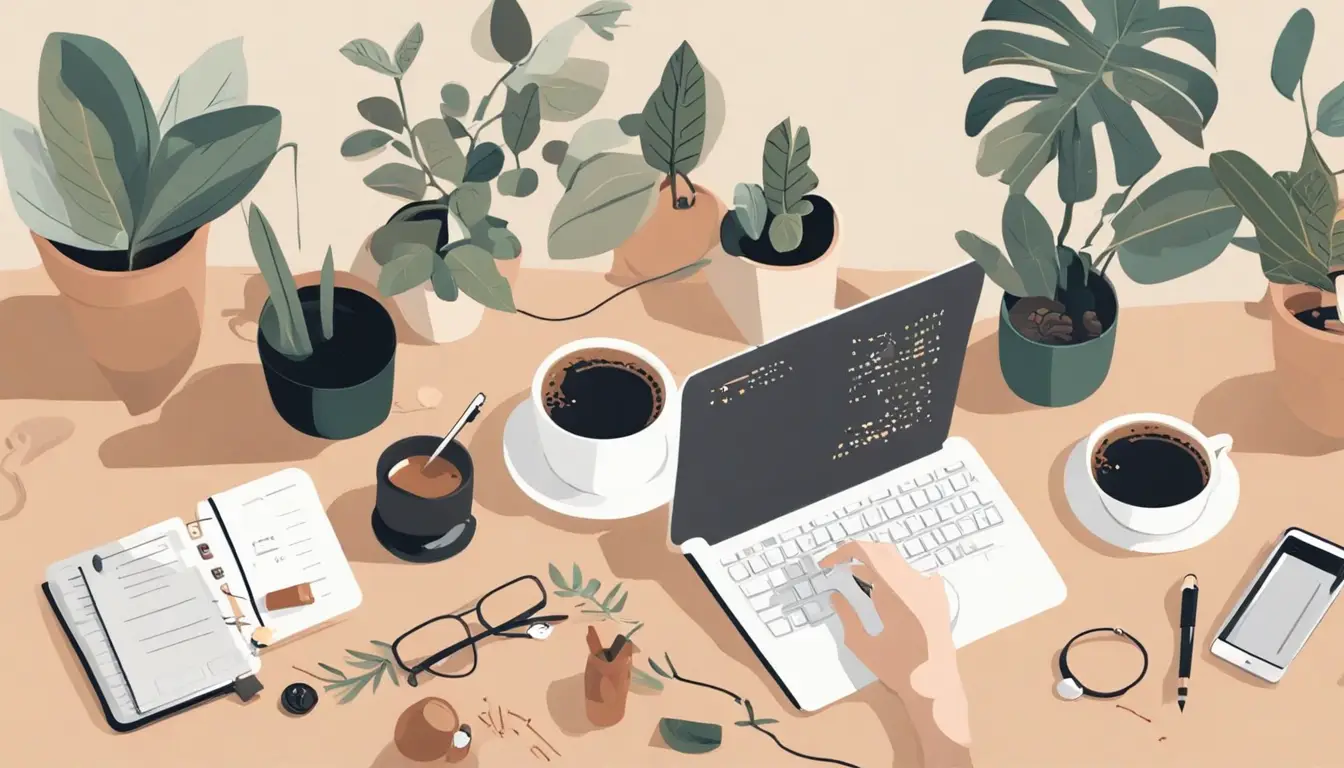 Mesa de escritório organizada com laptop mostrando interface do Notion, bloco de notas, caneta, xícara de café e planta pequena.