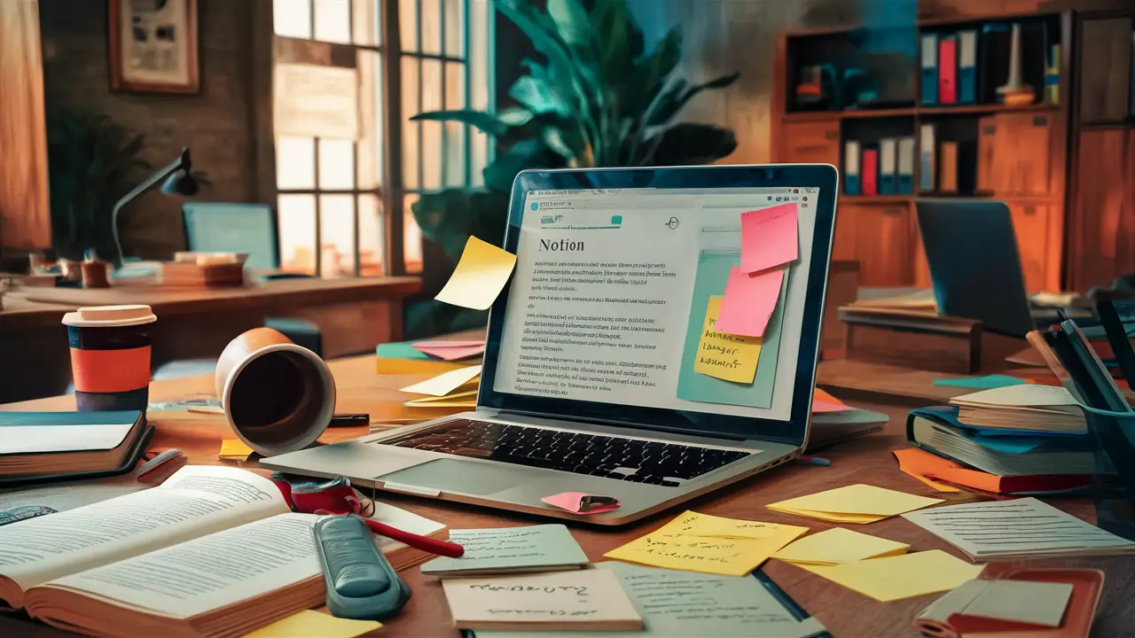 Laptop com página do Notion em uma mesa desorganizada com notas adesivas e xícara derrubada.