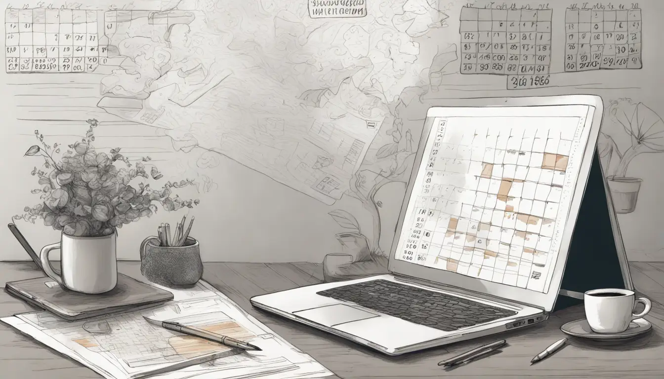 Mesa de escritório com laptop, gráficos de vendas, xícara de café e calendário destacando datas importantes em ambiente bem iluminado.