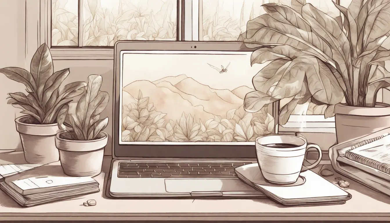 Mesa de escritório com laptop aberto mostrando Notion, bloco de notas, plantas e copo de café, com luz natural entrando pela janela.