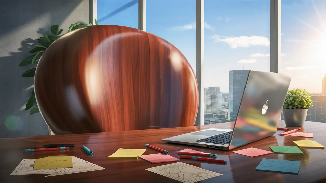 Grande mesa de escritório com laptop aberto mostrando gráficos, notas autoadesivas coloridas e planta em vaso ao fundo.