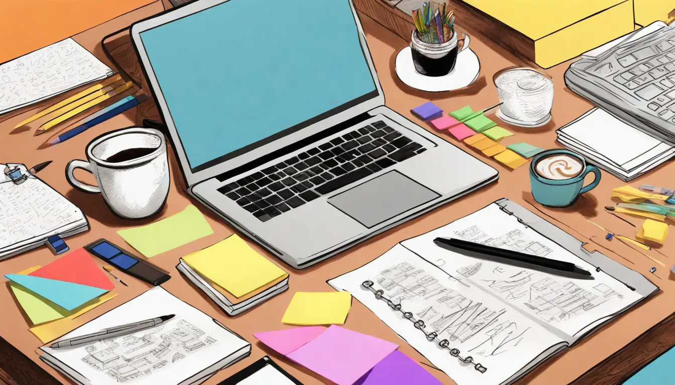 Vista aérea de uma mesa de estudo com um laptop aberto na página do Notion, um caderno, um café, notas adesivas coloridas e canetas organizadas.