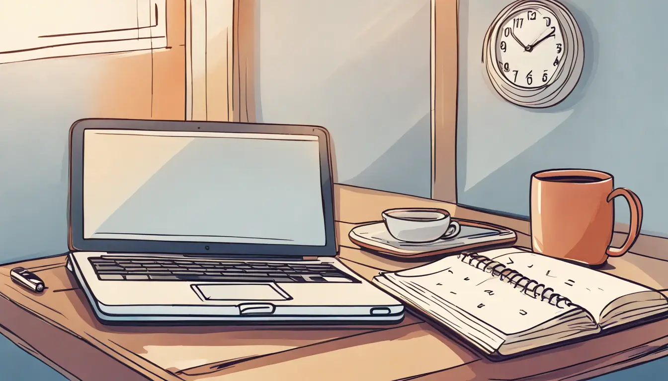 Uma mesa com um laptop fechado, um caderno, uma caneta, uma xícara de café e um smartphone, tudo organizado, com um calendário na parede e um relógio marcando 9 AM.