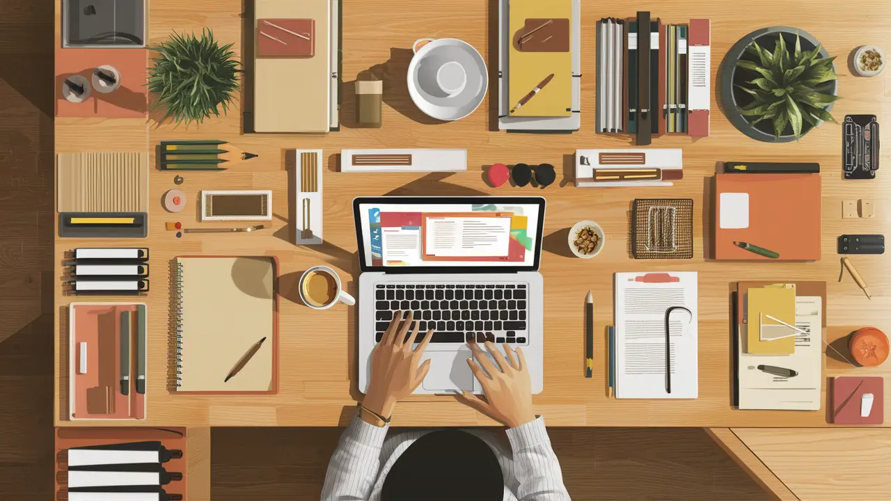 Laptop aberto com Notion em uma mesa organizada, cercado por cadernos, canetas, café e planta em ambiente moderno.