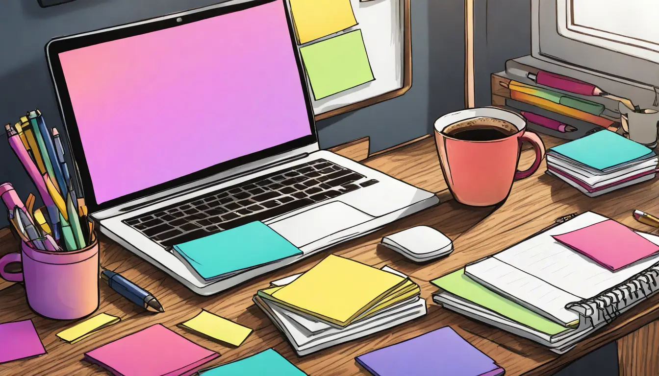 Uma mesa organizada com um laptop no centro mostrando vários post-its coloridos, cadernos, canetas e uma caneca de café ao redor.
